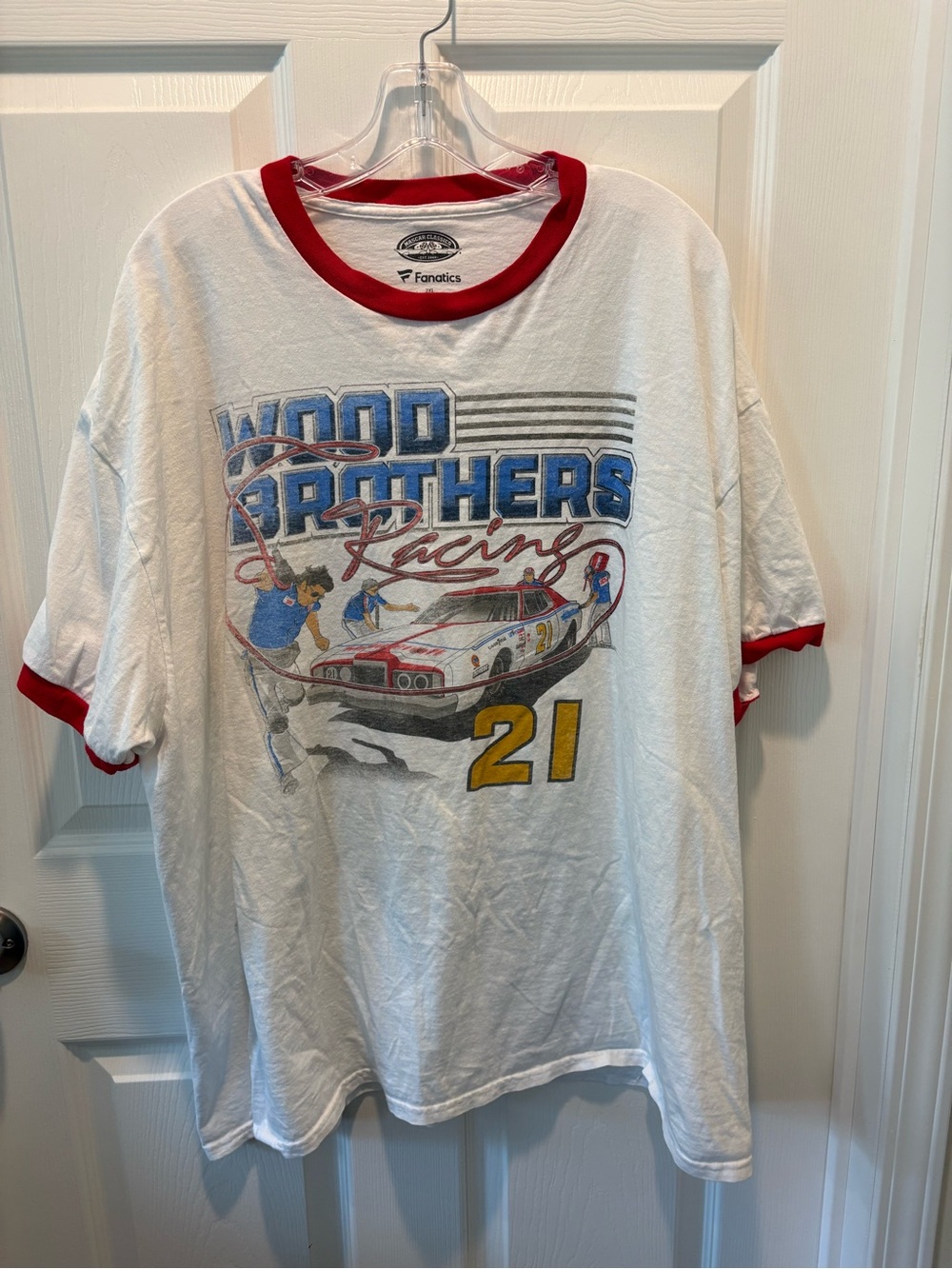 Fanatics White Tee with Red Trim and Racing Graphic Wood Brothers 2XL